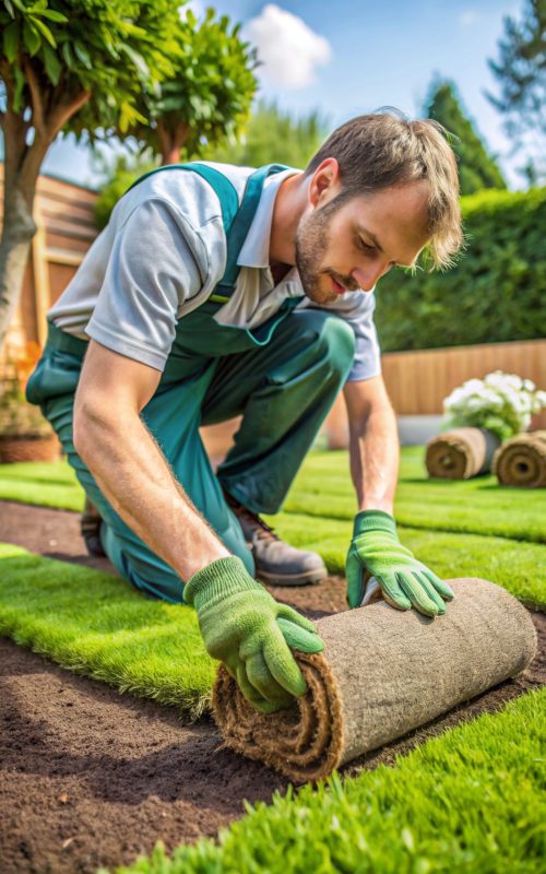 Close Up Of Landscape Gardener Laying Turf For New Lawn Close Up Of Landscape Gardener Laying Turf For New Lawn